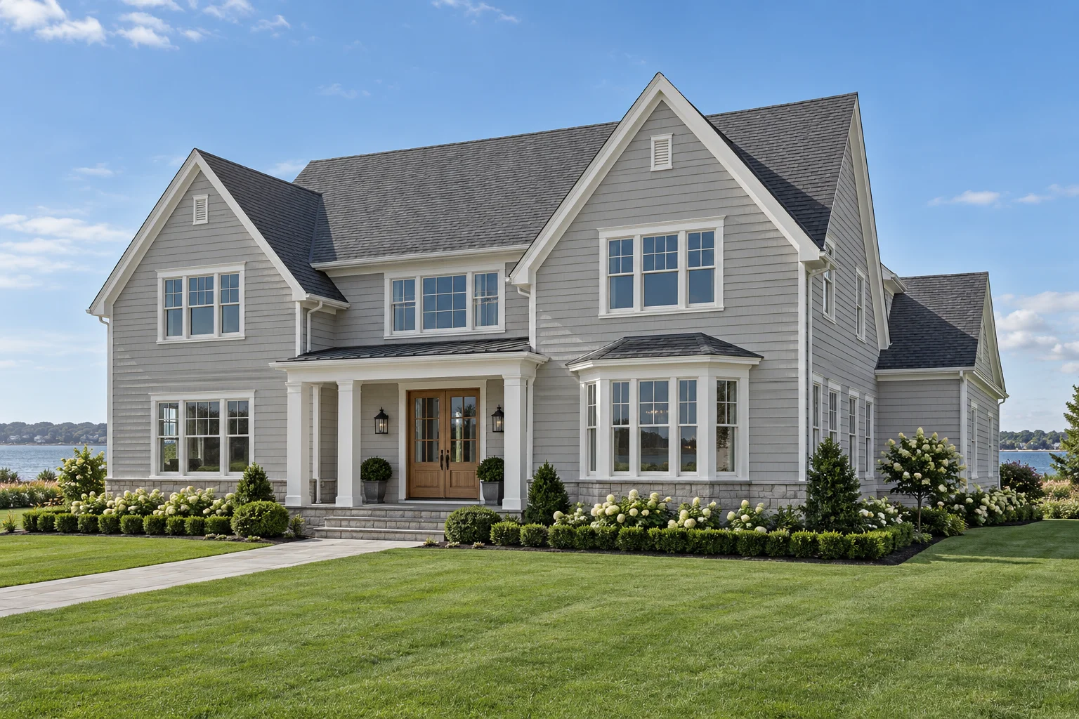 Coastal sample house with twin gables, a front porch and gray siding