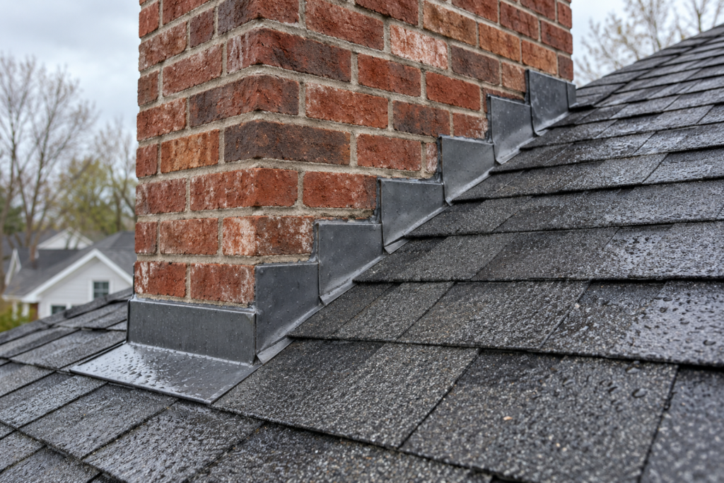 AI-generated illustration of chimney flashing on a rain-damp shingle roof