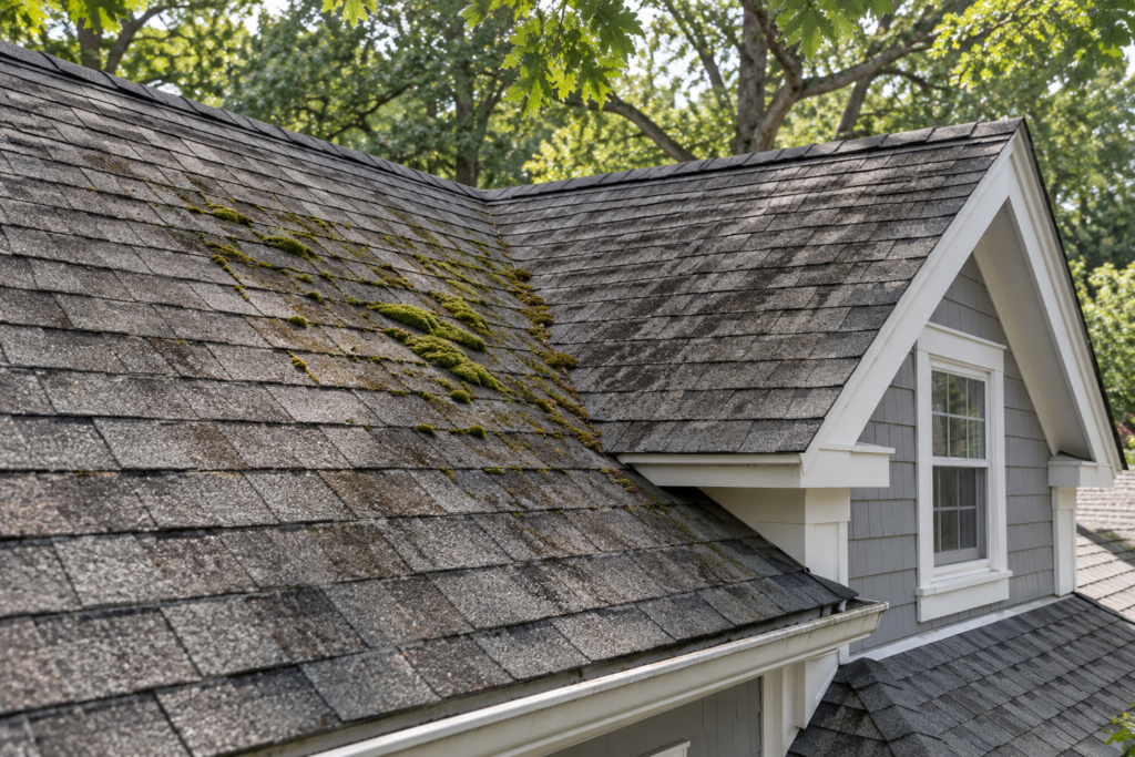 AI-generated illustration of moss and dark streaks on a shaded shingle roof