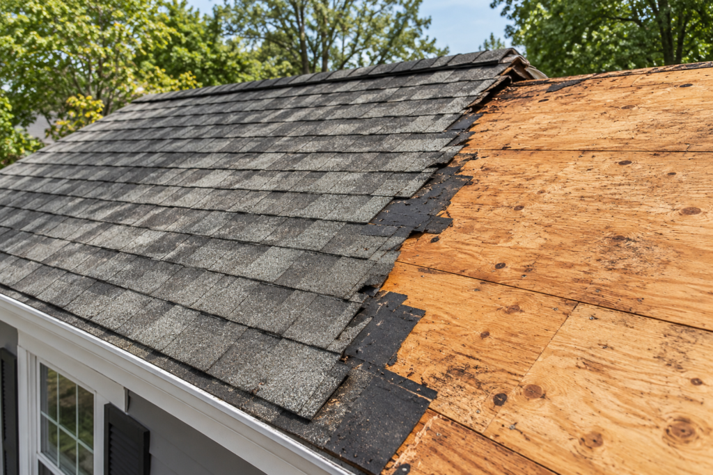 AI-generated roof replacement and decking illustration