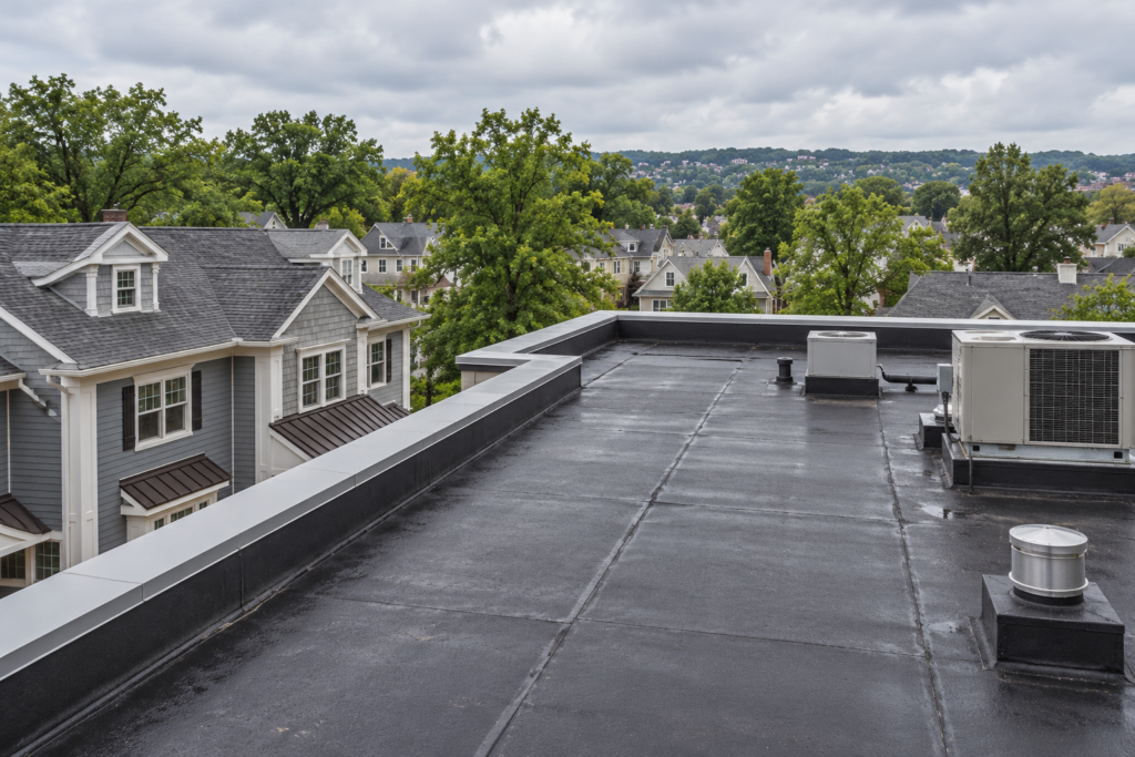 AI-generated illustration comparing residential and commercial roof forms