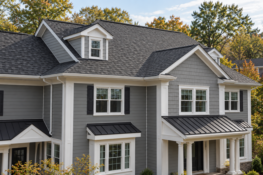 AI-generated illustration of a shingle roof with ridge ventilation and white soffits