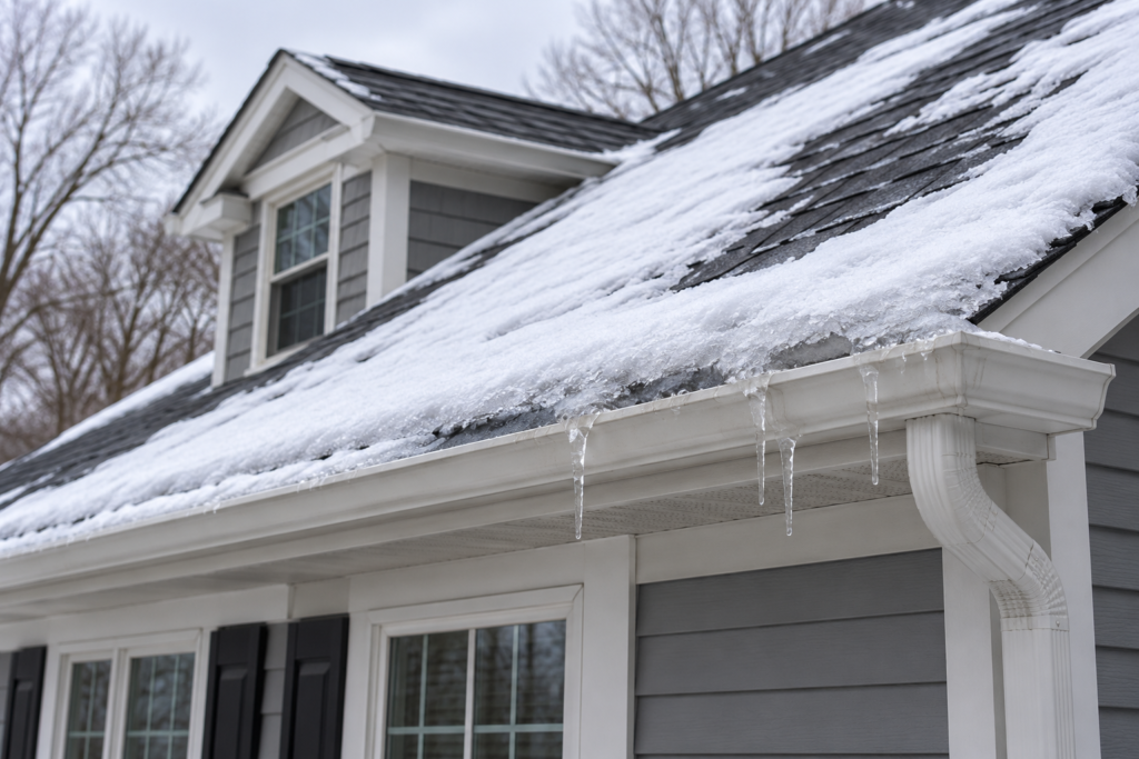AI-generated illustration of snow and ice along a roof eave